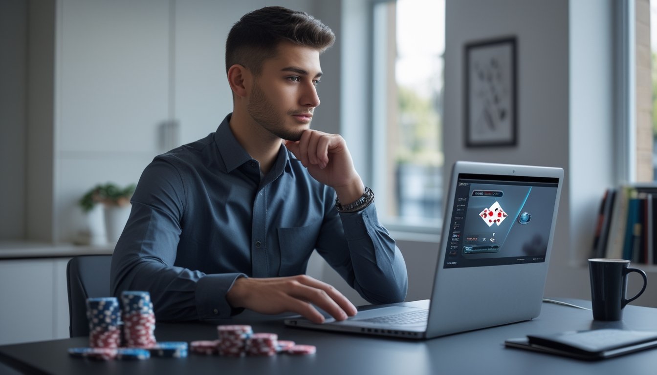 Seorang pria muda duduk di depan laptop dengan permainan poker online di layar, dikelilingi chip dan kartu remi di meja, terlihat fokus dan serius di ruang kerja yang terang.