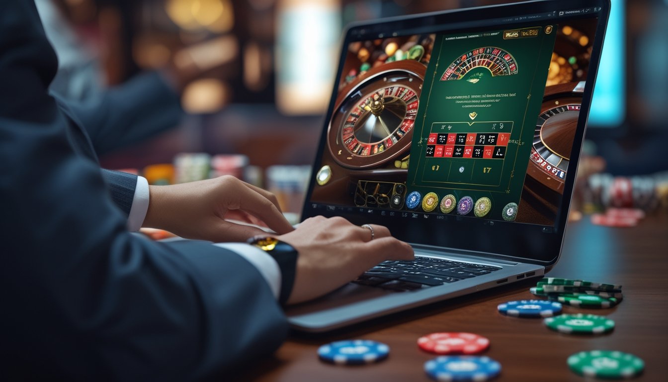Seorang pemain menggunakan laptop dengan permainan kasino langsung di layar, dikelilingi chip dan kartu kasino.