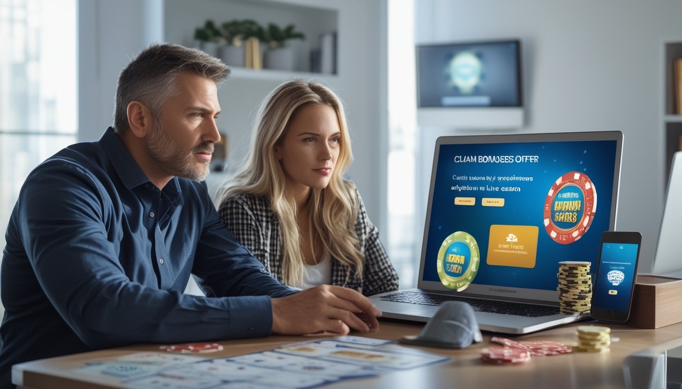 Dua orang dewasa sedang berdiskusi serius sambil melihat layar laptop dengan gambar terkait kasino online dan bonus.