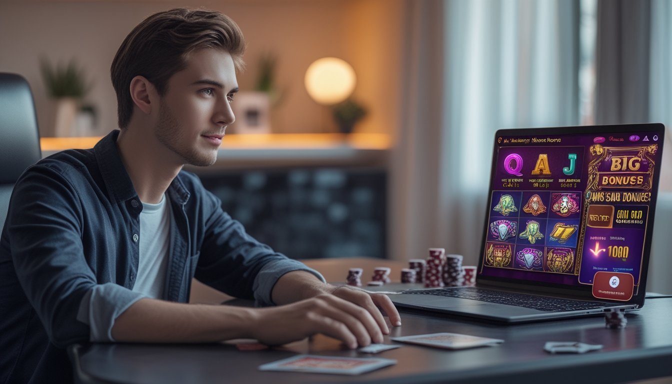 Seorang pria muda duduk di meja dengan laptop yang menampilkan permainan kasino online, dikelilingi oleh chip poker dan kartu remi.
