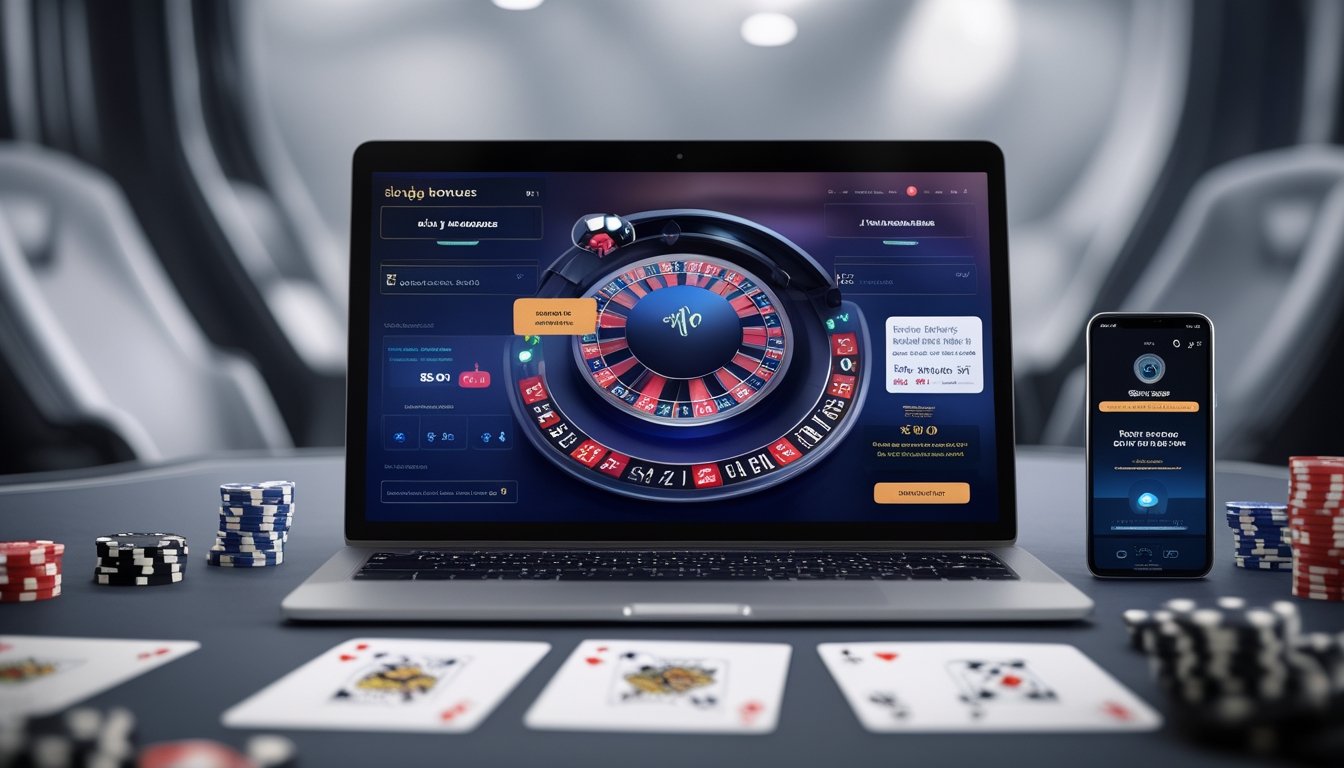 Seorang pemain menggunakan laptop dengan tampilan permainan kasino langsung dan simbol bonus di sekitarnya.