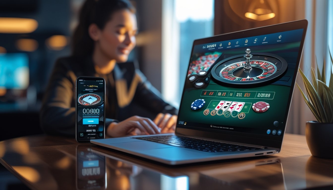Seseorang menggunakan laptop dengan tampilan situs kasino online langsung yang menampilkan roda roulette, kartu remi, dan chip poker di meja kayu.