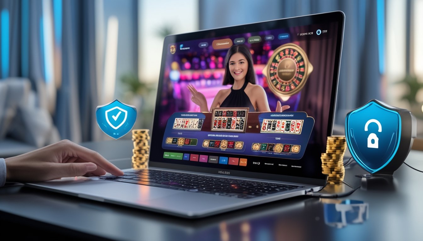 Seorang dealer kasino langsung di layar komputer dengan simbol keamanan dan bonus besar di sekitar perangkat.