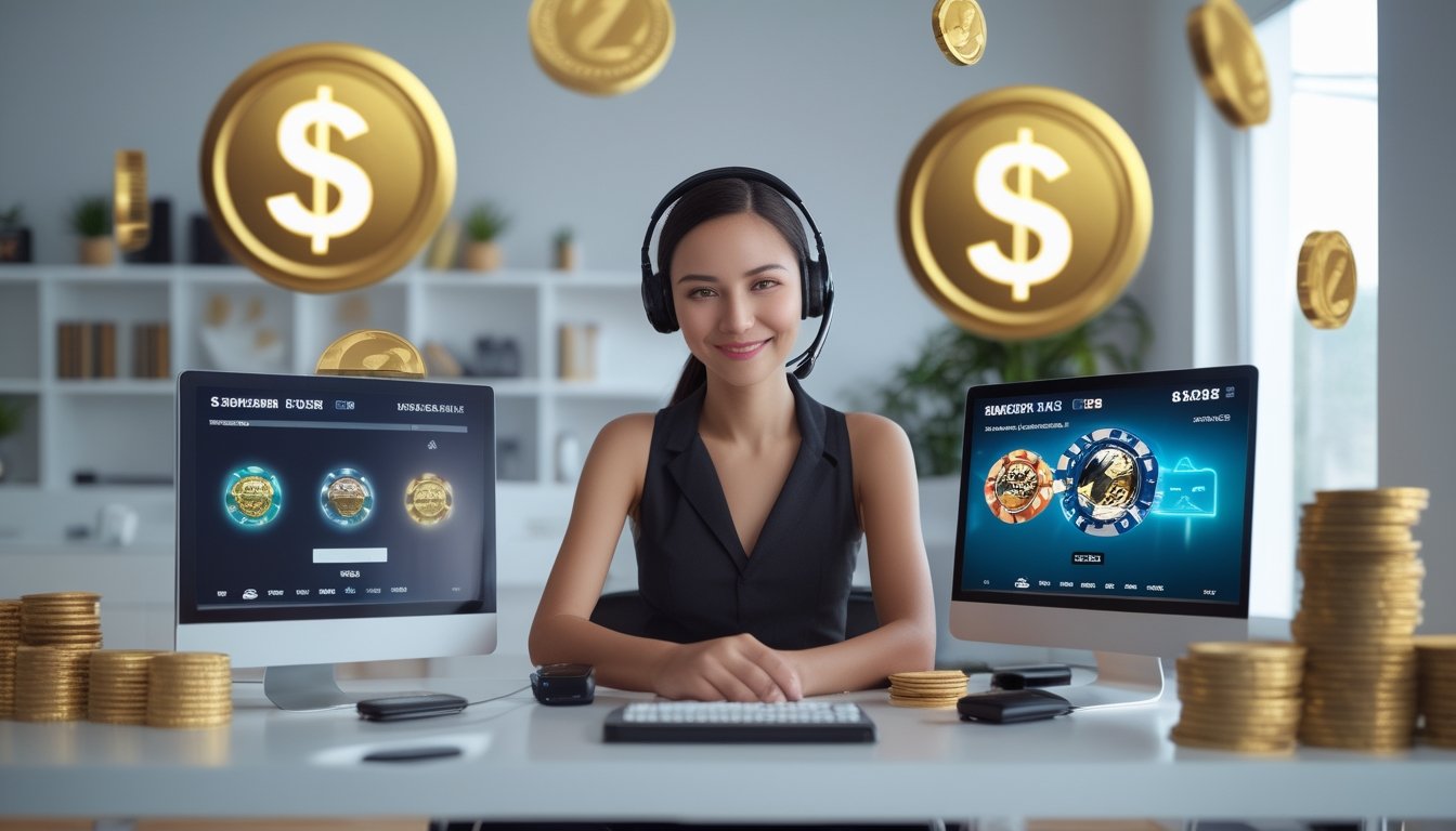 Seorang wanita muda duduk di meja dengan perangkat digital yang menampilkan permainan kasino online, tampak santai dan fokus dengan suasana yang cerah dan nyaman.