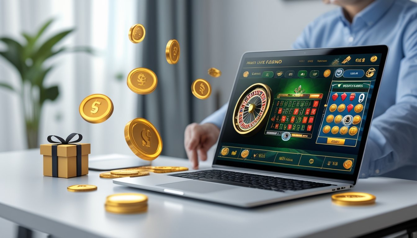 Seseorang menggunakan laptop di meja kerja dengan tampilan permainan kasino langsung dan simbol bonus di sekitar layar.