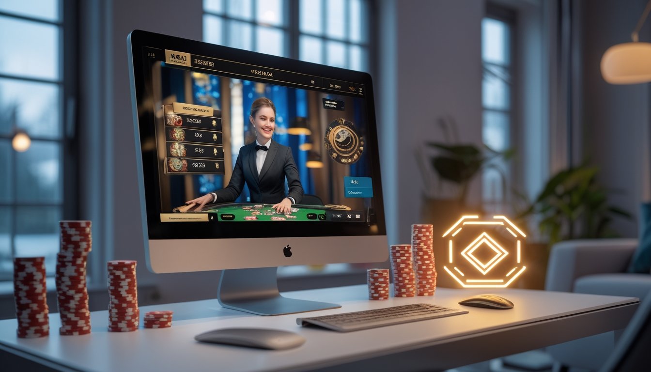 Seseorang bermain permainan kasino langsung secara online di komputer dengan tumpukan chip poker dan kartu di meja.