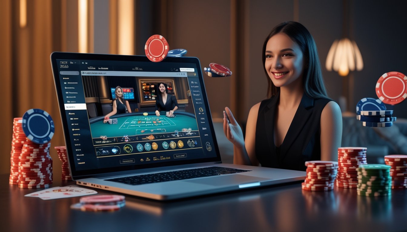 Seorang dealer kasino profesional di depan komputer dengan tumpukan chip poker dan kartu bermain di meja, menunjukkan suasana kasino online yang terpercaya dan menguntungkan.