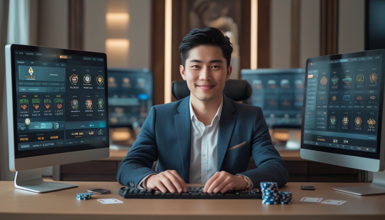 Seorang pria muda duduk di depan komputer dengan tampilan kasino online, terlihat fokus dan percaya diri.