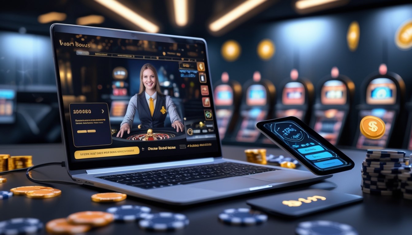 Seorang dealer kasino langsung di depan komputer dengan latar belakang elemen kasino virtual seperti kartu dan chip.