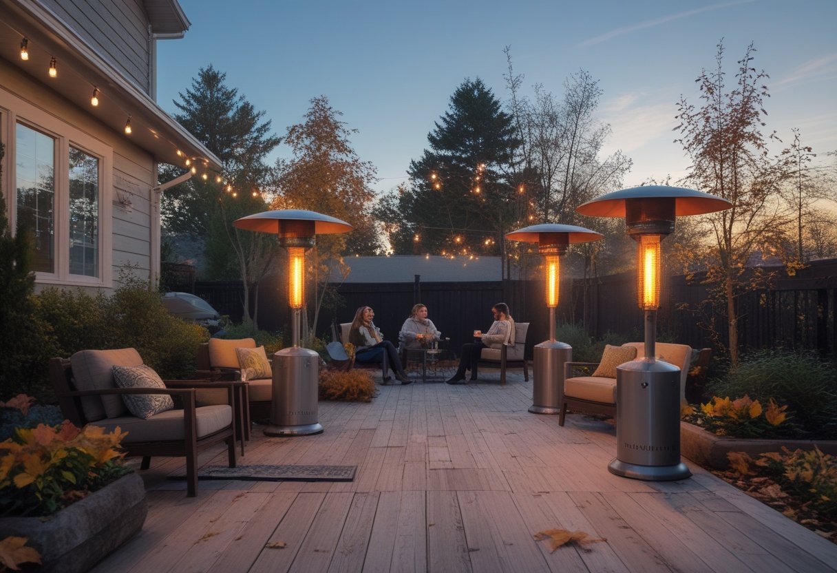 An outdoor patio at dusk with people gathered around patio heaters, surrounded by autumn leaves and warm lighting.