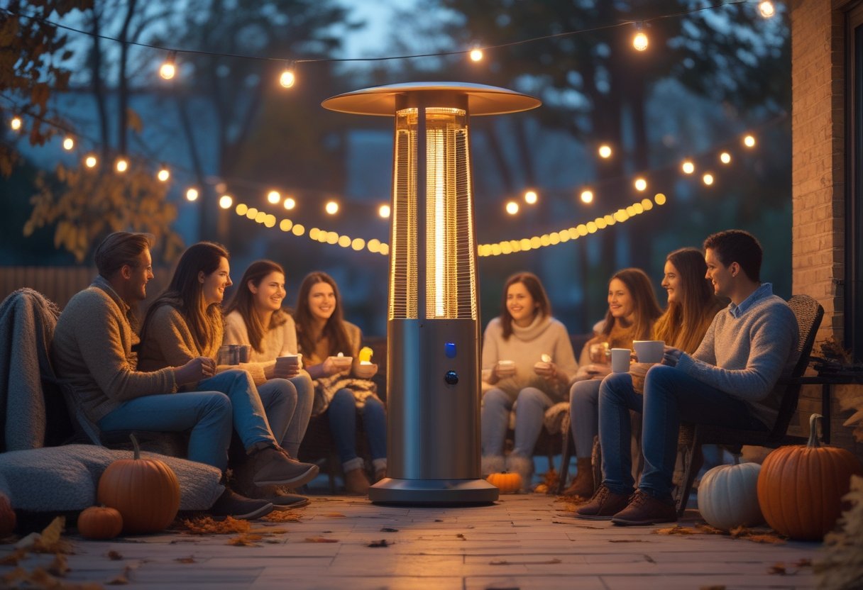 People gathered around a glowing patio heater on an outdoor patio decorated for fall with pumpkins and string lights during evening.
