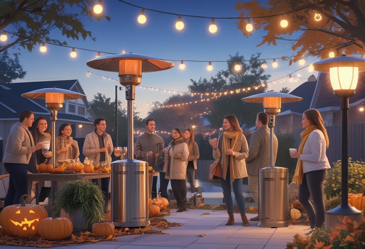 People gathered outdoors around patio heaters at a fall event with autumn decorations in a suburban neighborhood during evening.