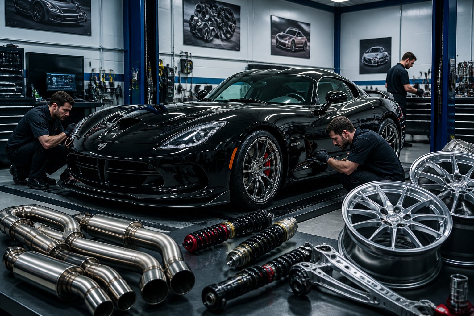 A Dodge Viper sports car in a workshop with mechanics installing performance upgrade parts around it.