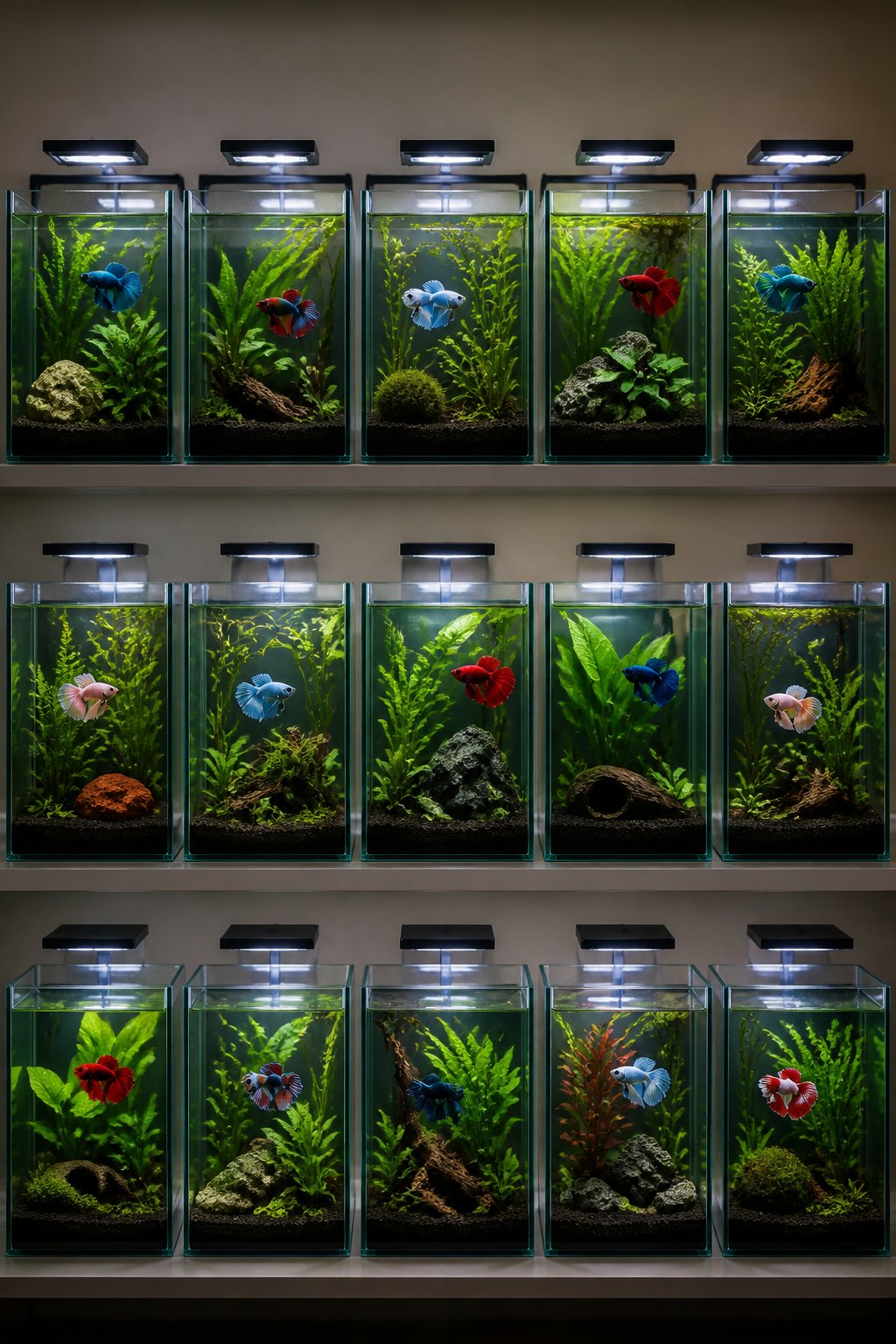 A planted betta aquarium with a richly colored betta fish swimming between broad-leafed green plants in clear water.
