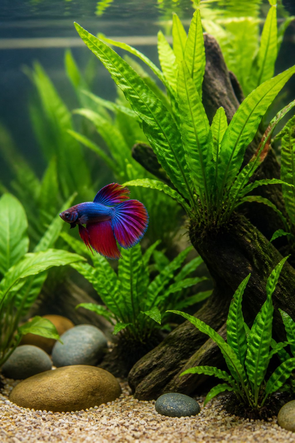 A clear aquarium with long, dark green Java fern leaves attached to driftwood, with a blue and red betta fish resting near the midground.