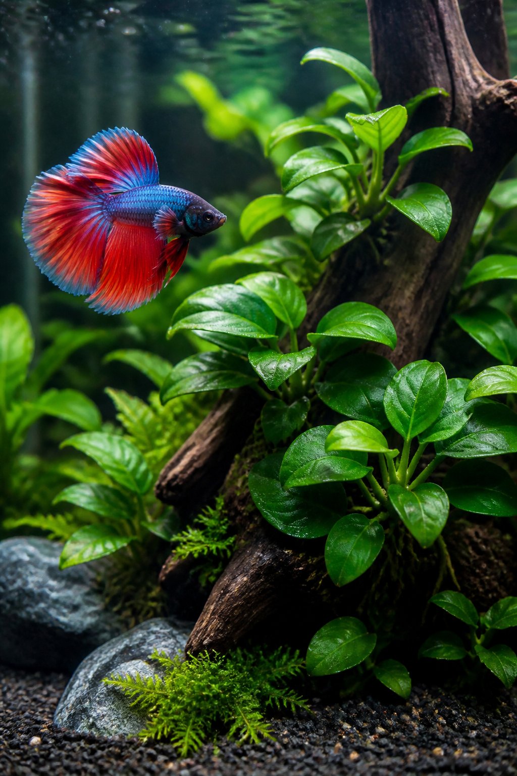 A betta fish swimming past small, round-leafed Anubias nana plants tied to dark driftwood in a clear aquarium.