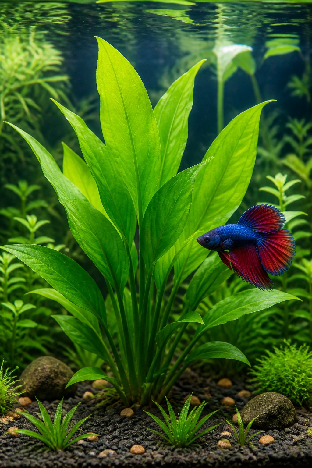 A vivid red and blue betta fish swimming past tall, broad Amazon sword leaves in a well-lit freshwater aquarium.