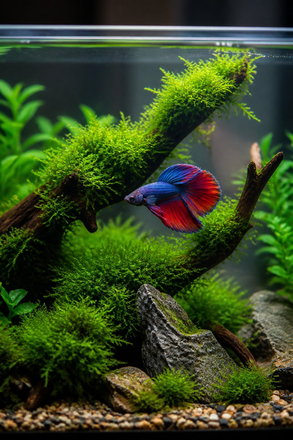 Dense green Java moss covering driftwood in the foreground of a clear aquarium, with a betta fish hovering nearby.