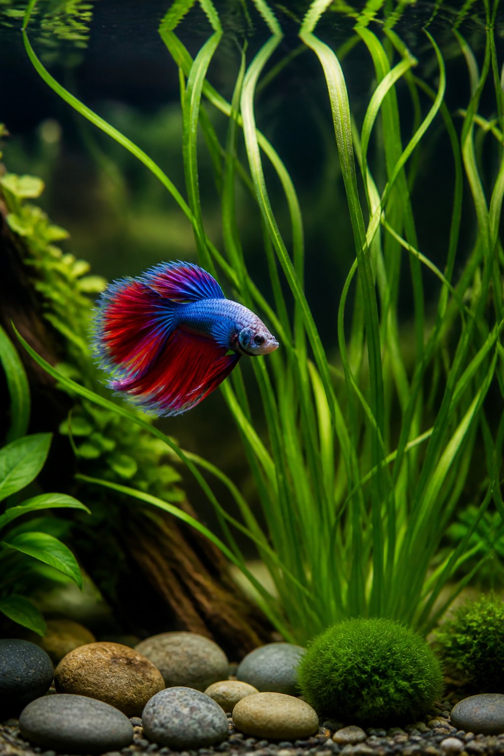 A betta fish threading between tall, ribbon-like Vallisneria spiralis leaves that reach toward the water surface in a clear aquarium.