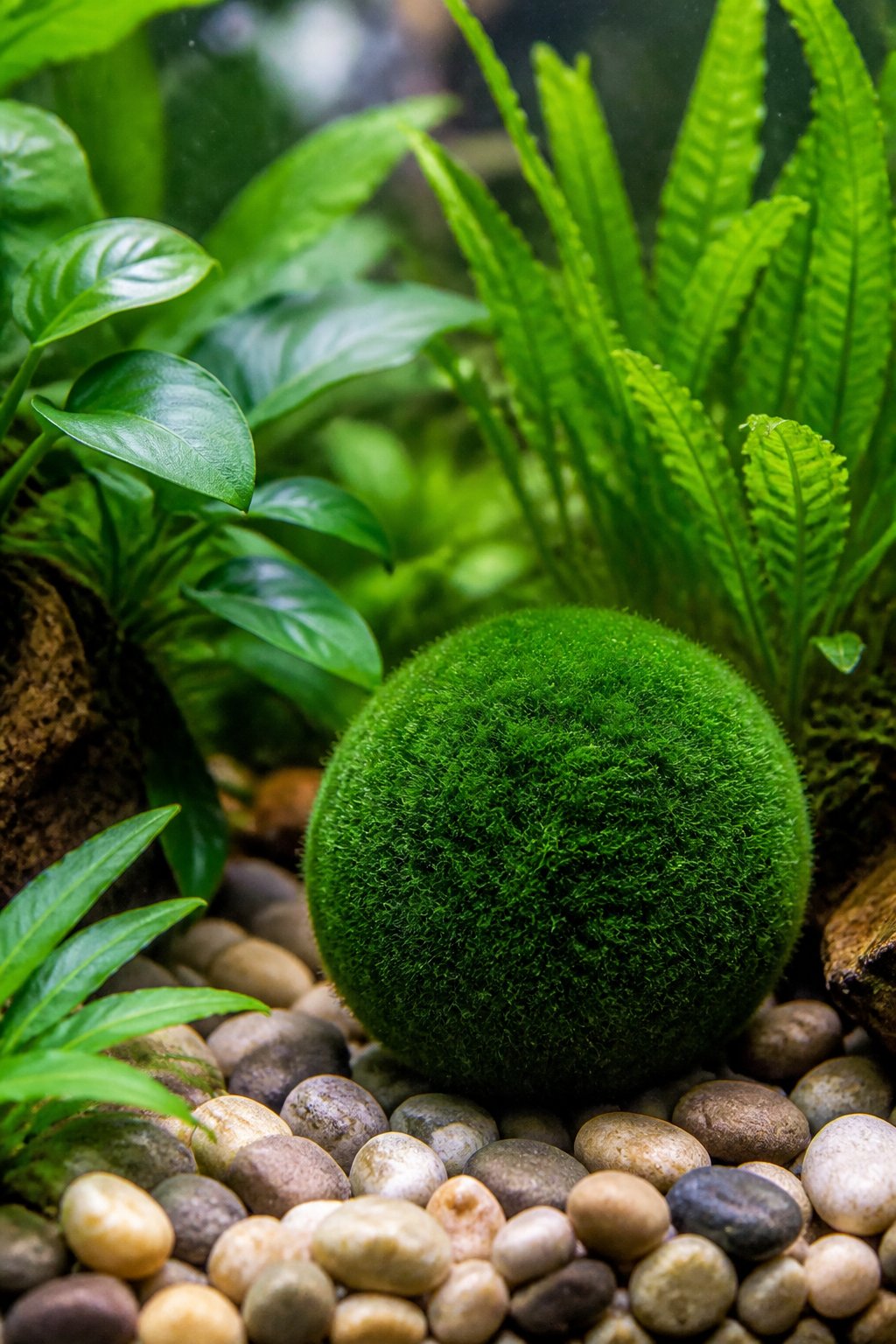 A dense, round marimo moss ball sitting on light-colored gravel next to smooth stones inside a clear aquarium.