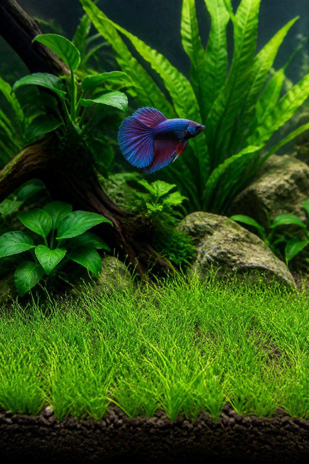 A close view of a fine-bladed dwarf hairgrass carpet covering the foreground substrate of a freshwater aquarium, with a betta fish swimming above it.
