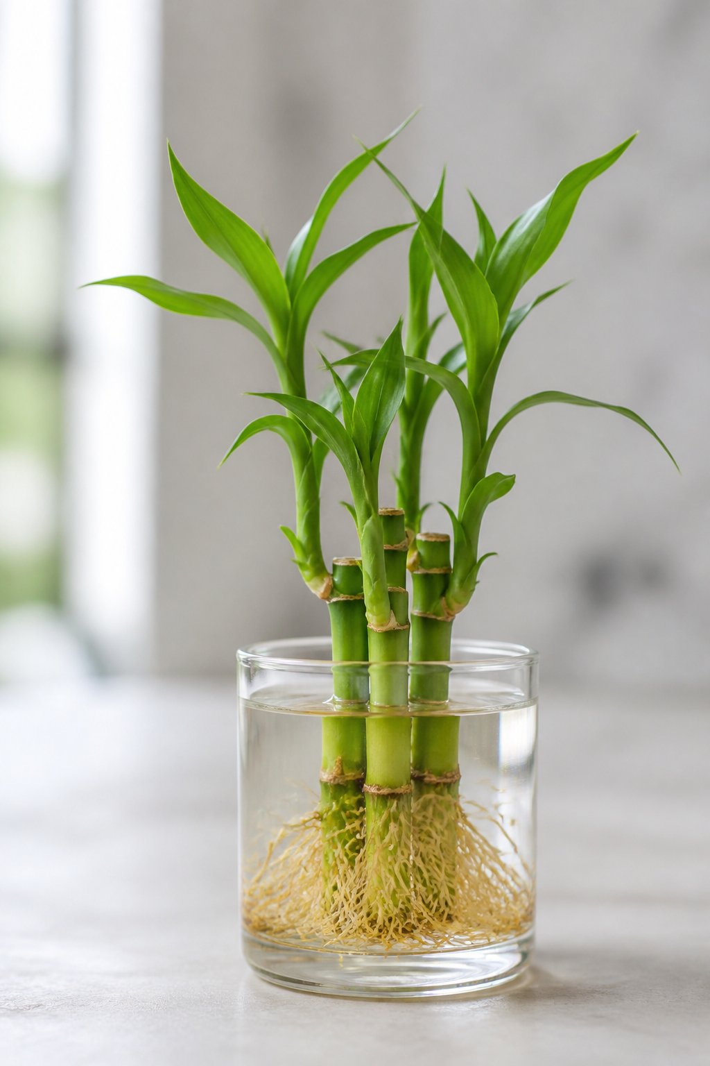 Slender lucky bamboo stalks standing upright in a glass container with their white roots submerged in clear water and smooth pebbles at the base.