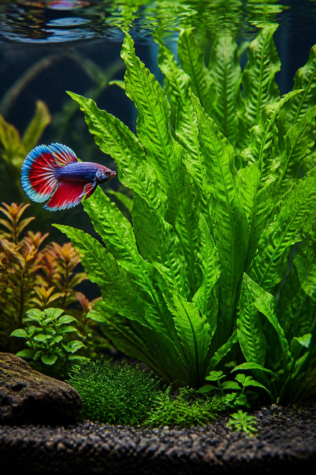A lush rosette of wavy, olive-green Aponogeton crispus leaves spreading out in a planted freshwater aquarium with a betta fish nearby.