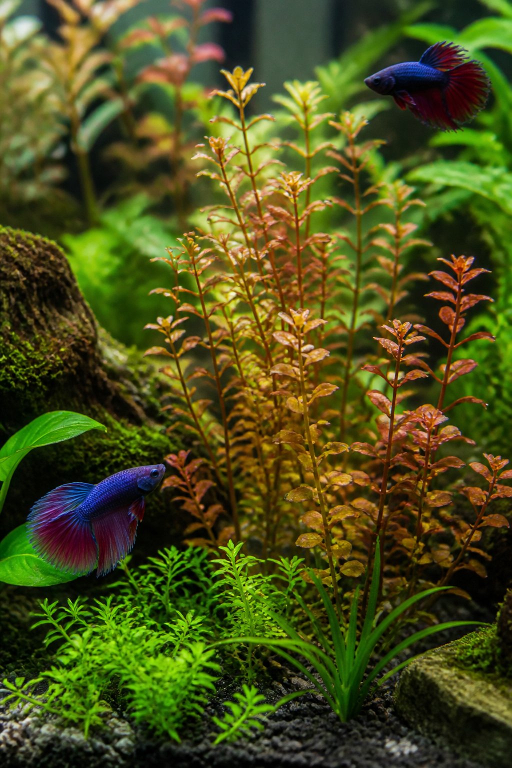 Fine-stemmed Rotala rotundifolia plants with small green and pinkish-red leaves growing in the background of a planted aquarium, with a betta fish visible among the stems.