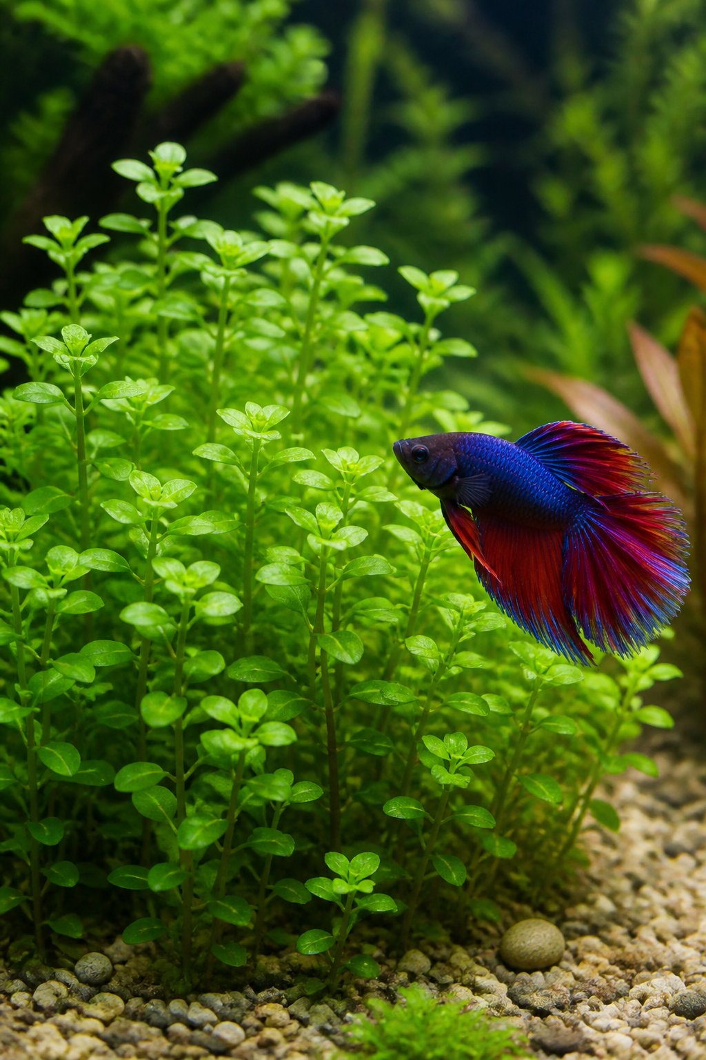 A densely planted midground of compact Hygrophila polysperma with narrow green leaves, and a brightly colored betta fish swimming through the stems.
