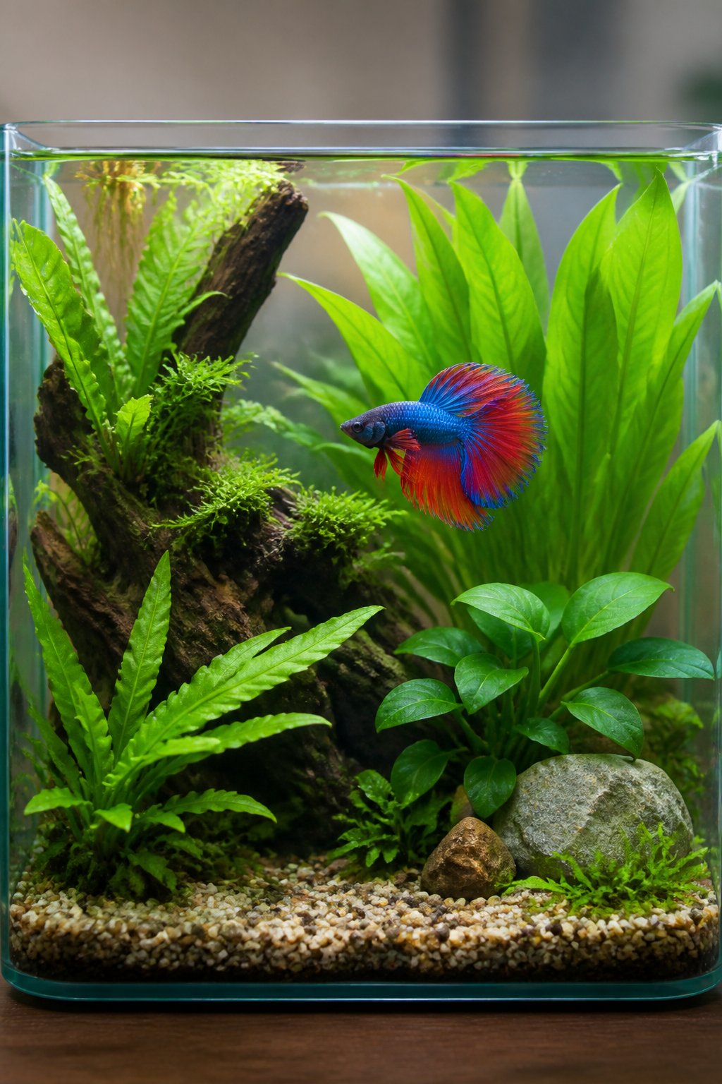 A clear aquarium with layered green aquatic plants, smooth driftwood, and a richly colored betta fish swimming calmly through the midground.