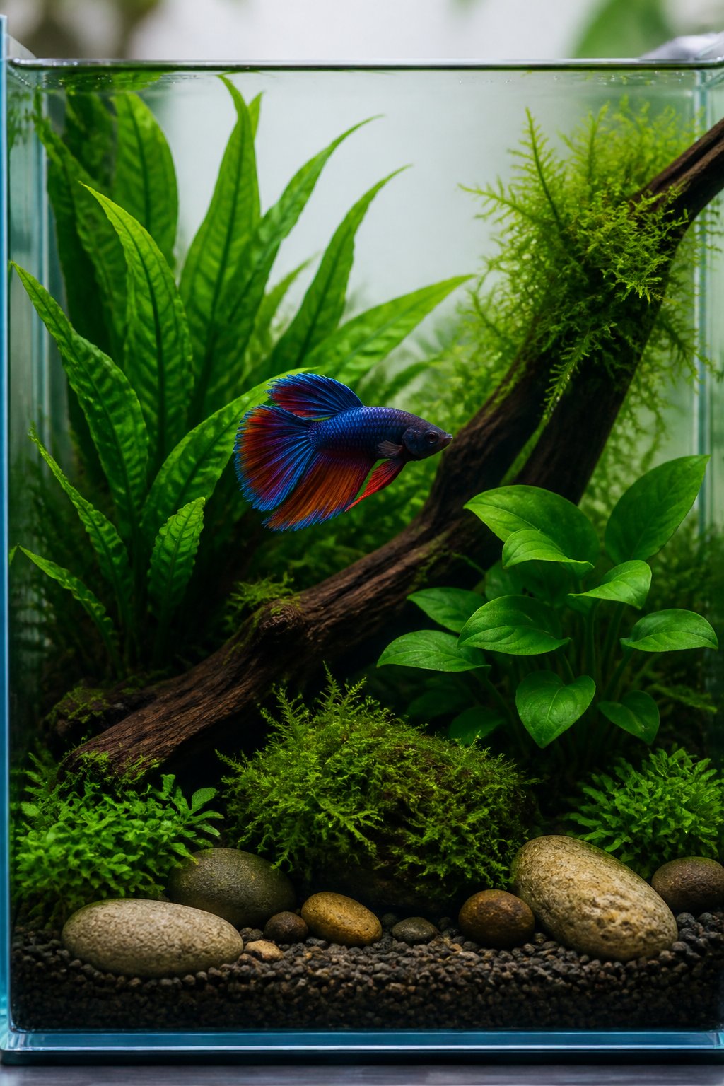 A planted aquarium with a piece of dark driftwood, layered green aquatic plants, smooth stones, and a betta fish moving through the foreground.