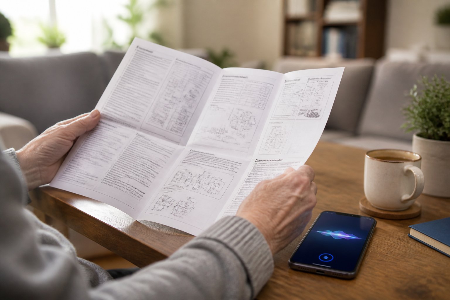 Elderly person holding a manual with complex pages, a smartphone nearby showing an AI assistant, in a cozy living room.