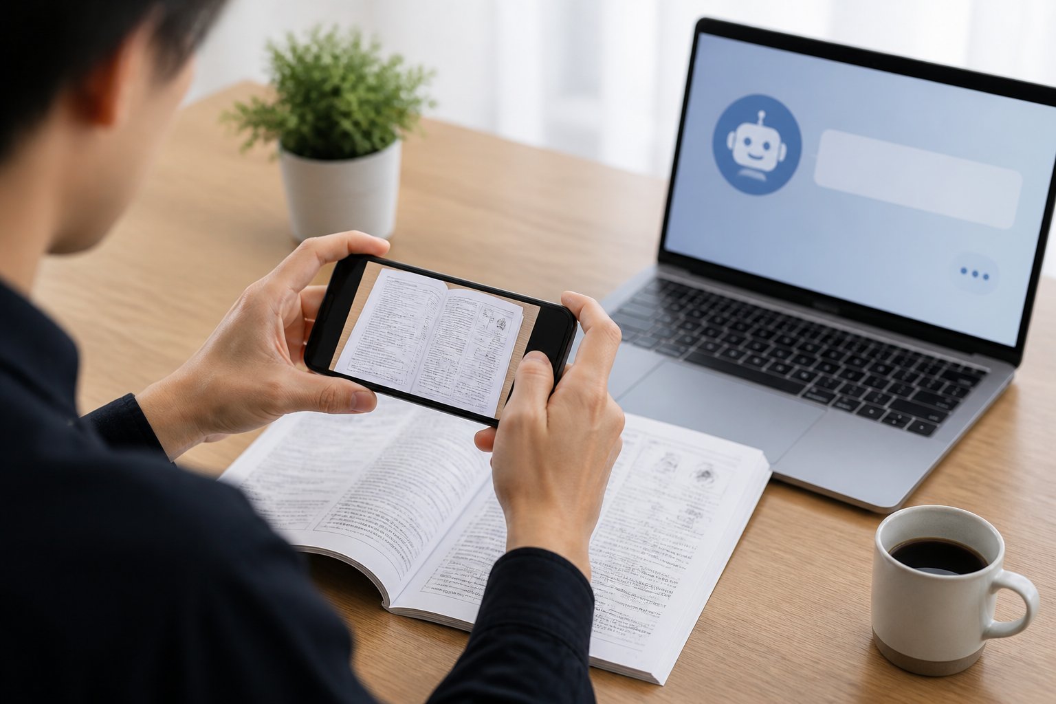 A person taking a photo of a detailed manual page with a smartphone on a desk, with a laptop nearby.