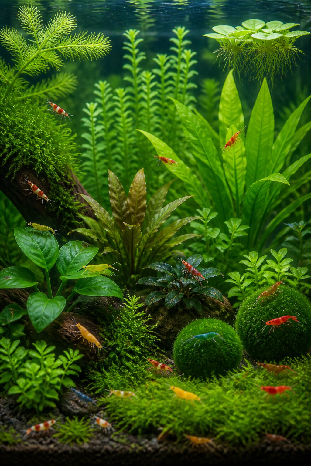 Underwater view of a freshwater aquarium showing eleven different healthy aquatic plants with small colorful shrimp moving through the stems and leaves.