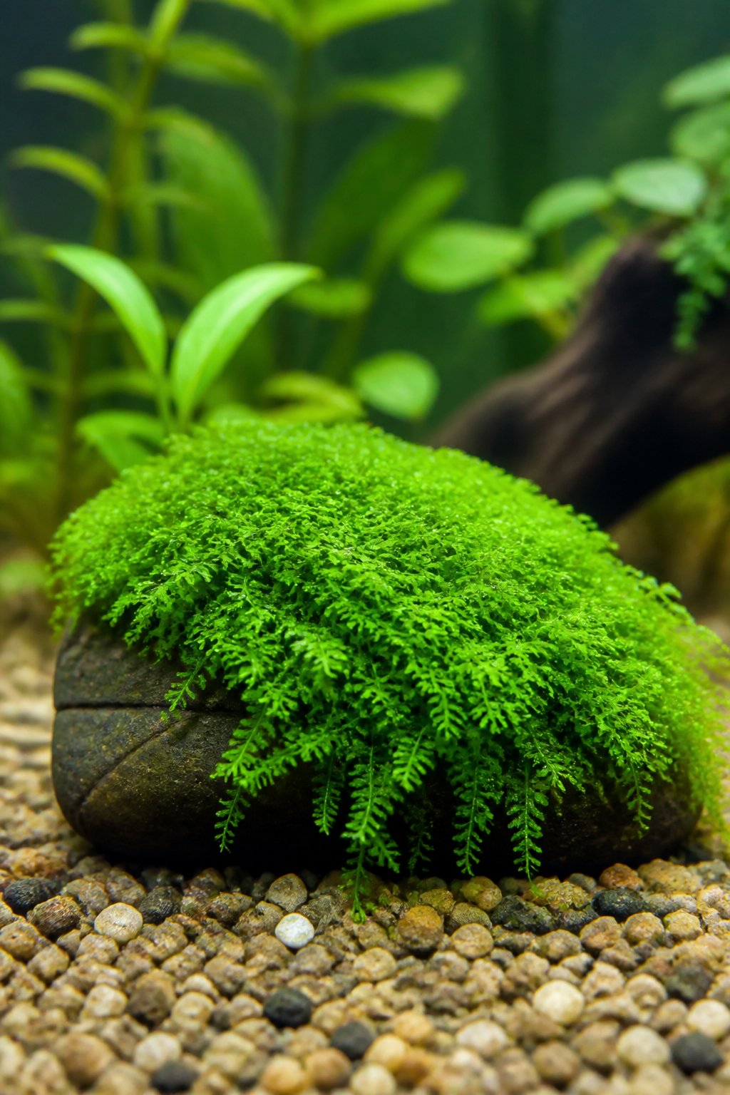 Close-up of bright green Riccia fluitans tied flat to a smooth river rock underwater, with dense bubbly texture visible across the surface.