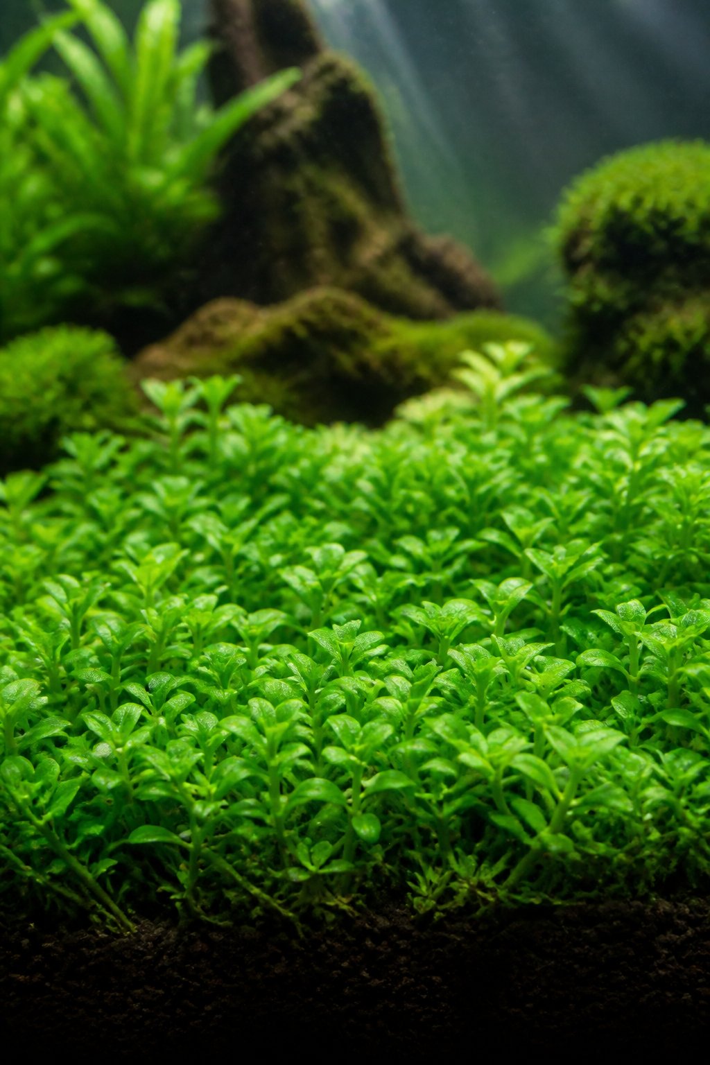 Close-up underwater view of dense Staurogyne repens with small oval leaves tightly packed along low stems, forming a green mat across the substrate.