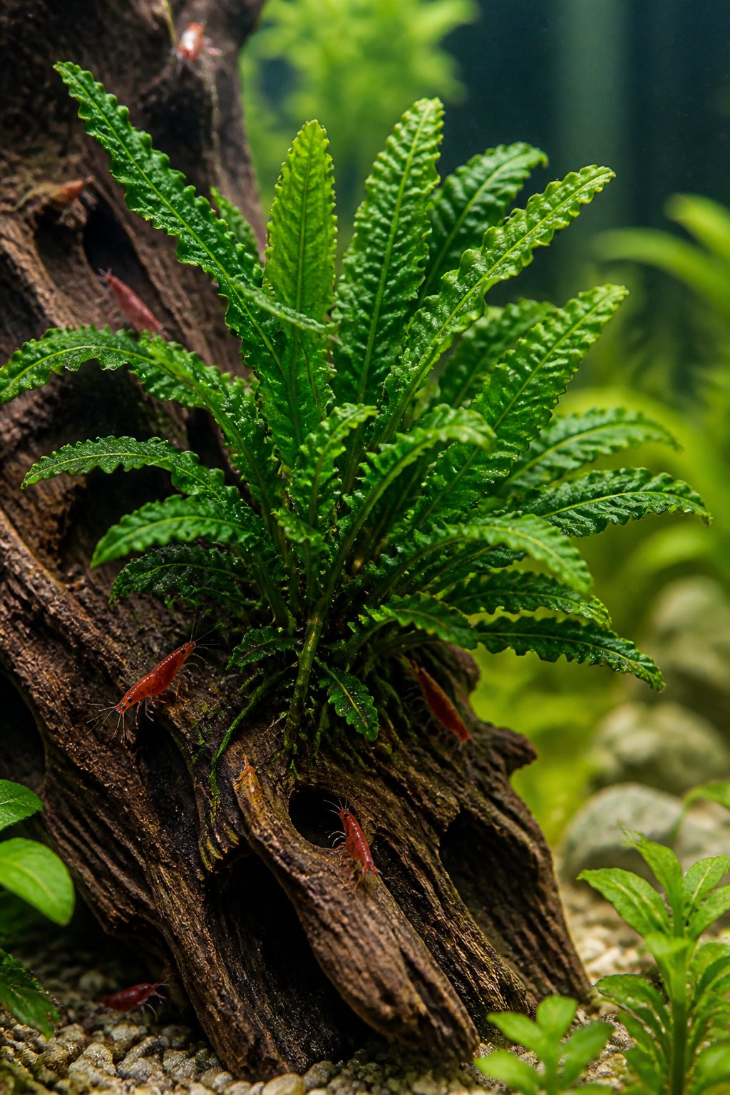 Close-up of dark green Bolbitis heudelotii fern anchored to a piece of driftwood, with coarse textured fronds and visible rhizome roots, small shrimp tucked around the base.