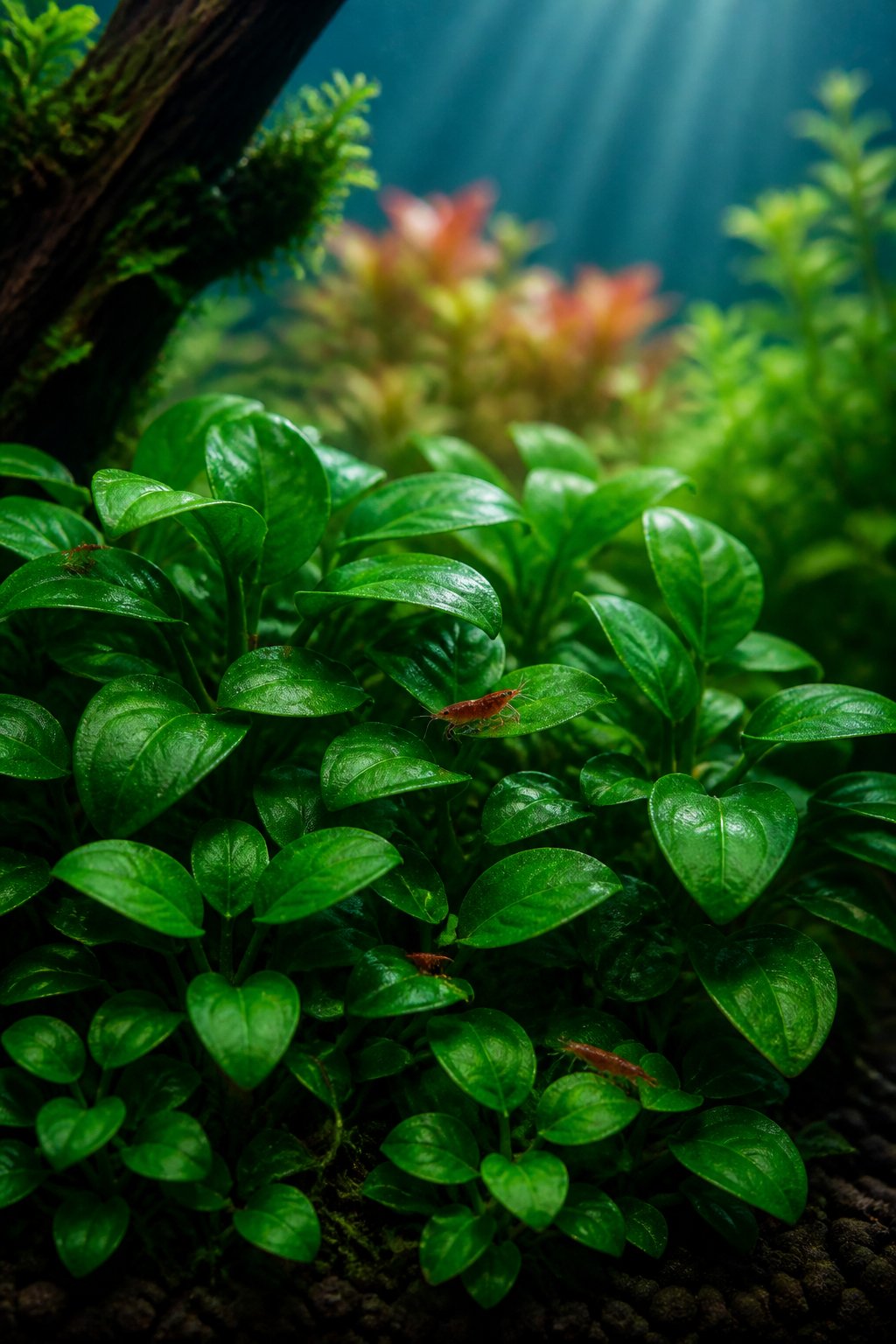 Close-up of small dark green Anubias barteri var. nana Petite leaves attached to a wood surface underwater, with tiny shrimp grazing along the puckered leaf surfaces.