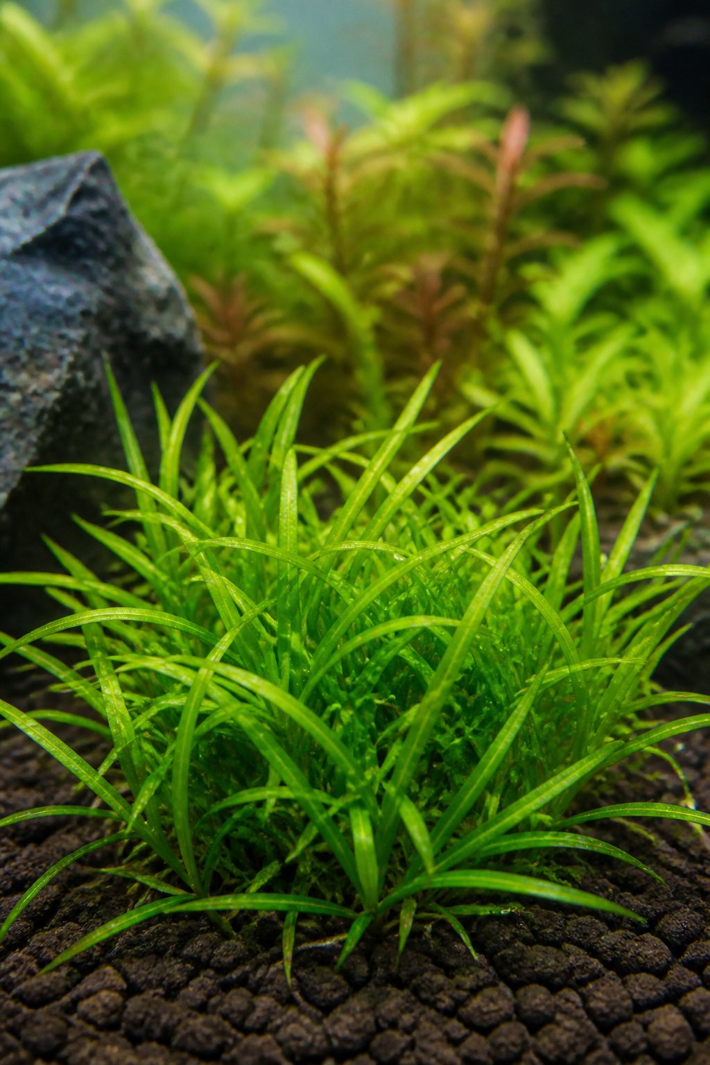 Close-up of dense bright green Echinodorus tenellus Mini plants growing in tufted clumps in the foreground of a freshwater aquarium, individual narrow blades visible.