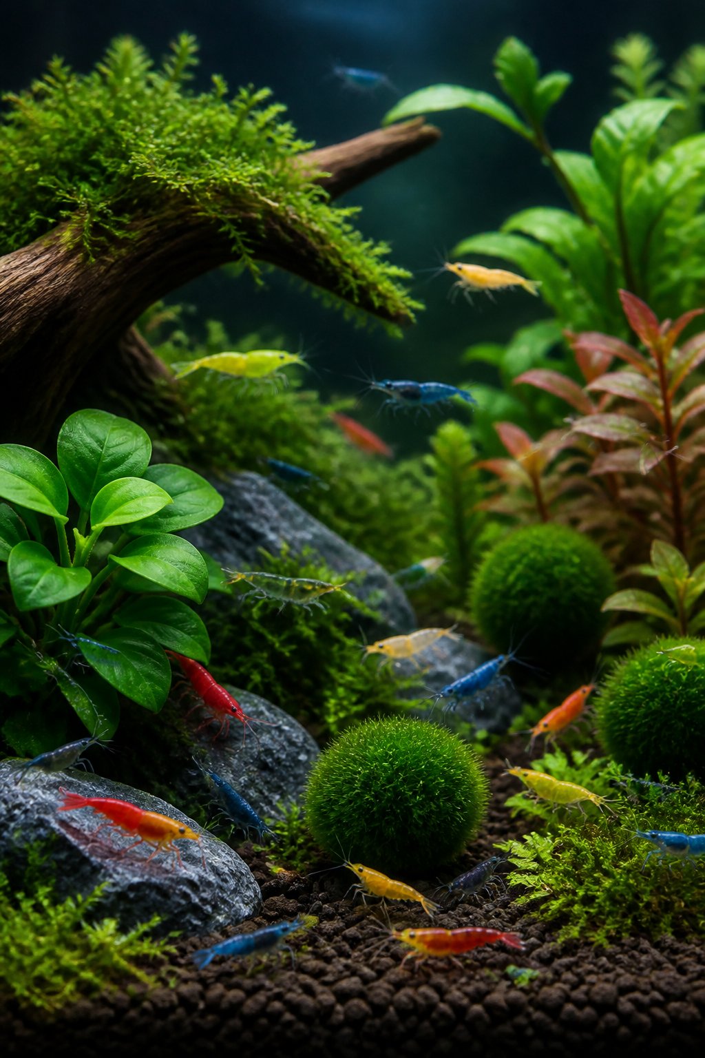 A freshwater aquarium with a mix of healthy green aquatic plants at different heights and colorful Neocaridina shrimp swimming through the mid-water level.