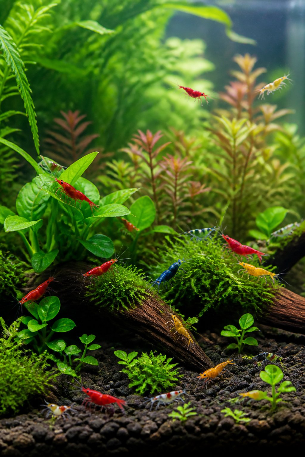 Underwater view of a freshwater aquarium with layered aquatic plants at varying heights, creating depth and shadow, with small colorful shrimp visible among the stems and leaves.
