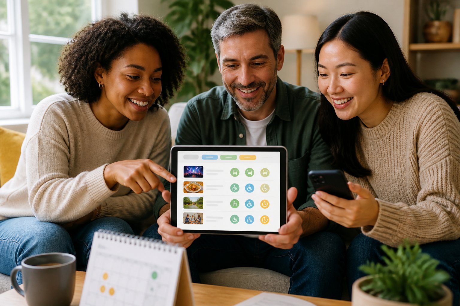 A group of people looking at a tablet and smartphone together in a bright living room, selecting local events on the devices.