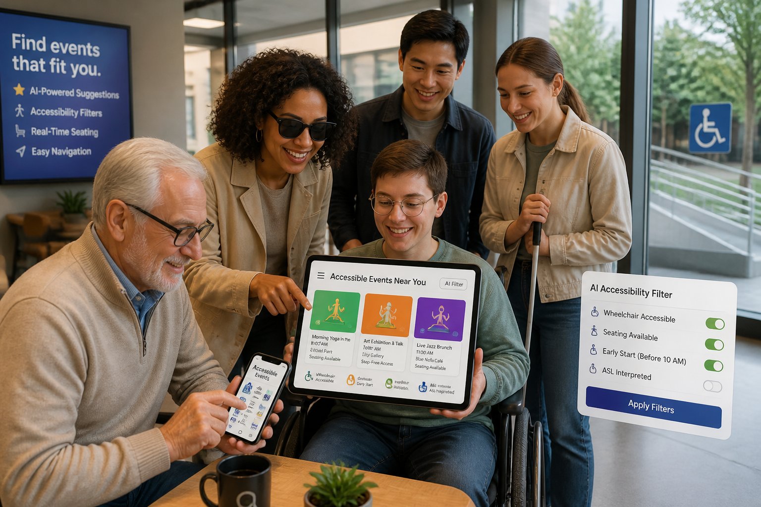 A diverse group of people using a tablet and smartphone to browse local accessible events with seating and early start times.
