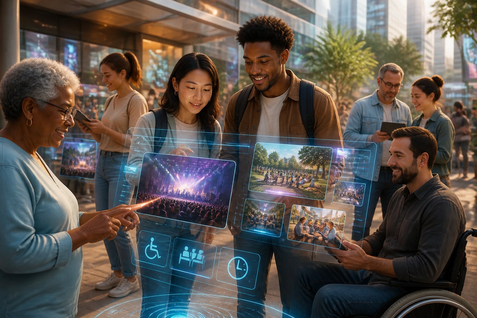 People using digital devices to select local events with features like seating and easy access, in a bright urban setting.