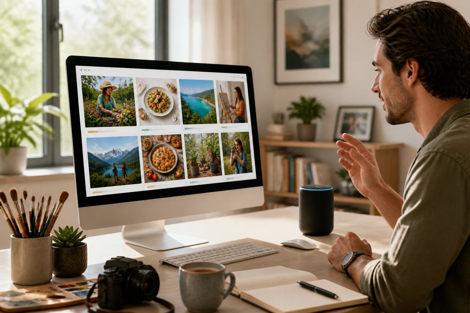 A person in a bright home office using a smart assistant device while a computer screen shows colorful images of uplifting and hobby-related news stories.