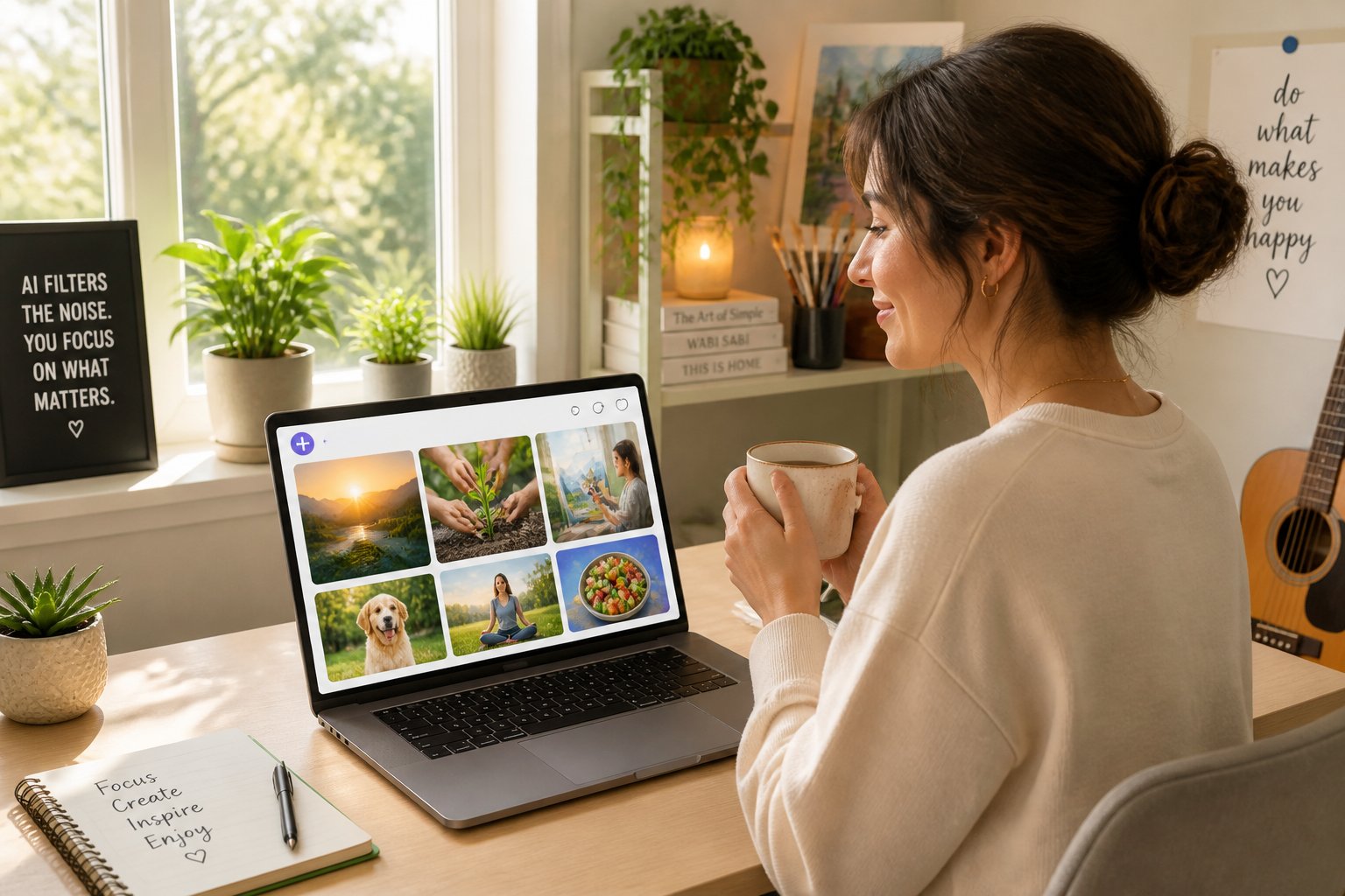 Person sitting at a desk in a bright room, smiling at a laptop displaying colorful uplifting and hobby-related images, with plants and creative items nearby.
