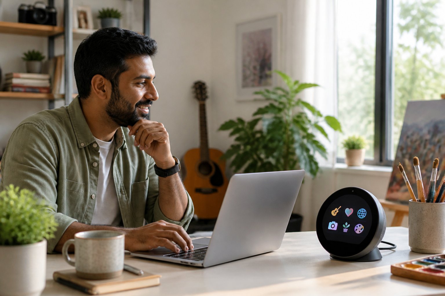 A person at a desk using a laptop and a smart AI assistant device in a bright room with hobby-related items and natural light.