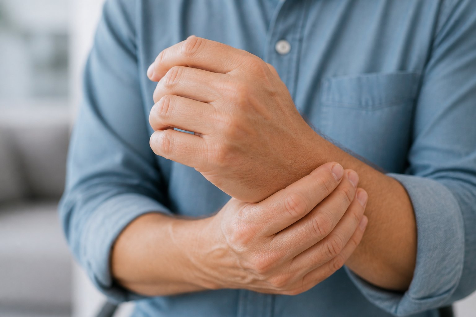 Close-up of a person holding their wrist with the other hand, indicating wrist pain.