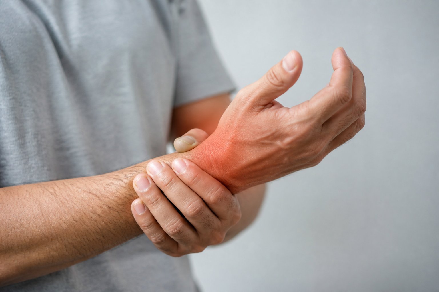 Close-up of a person holding their wrist with the other hand, indicating wrist discomfort.