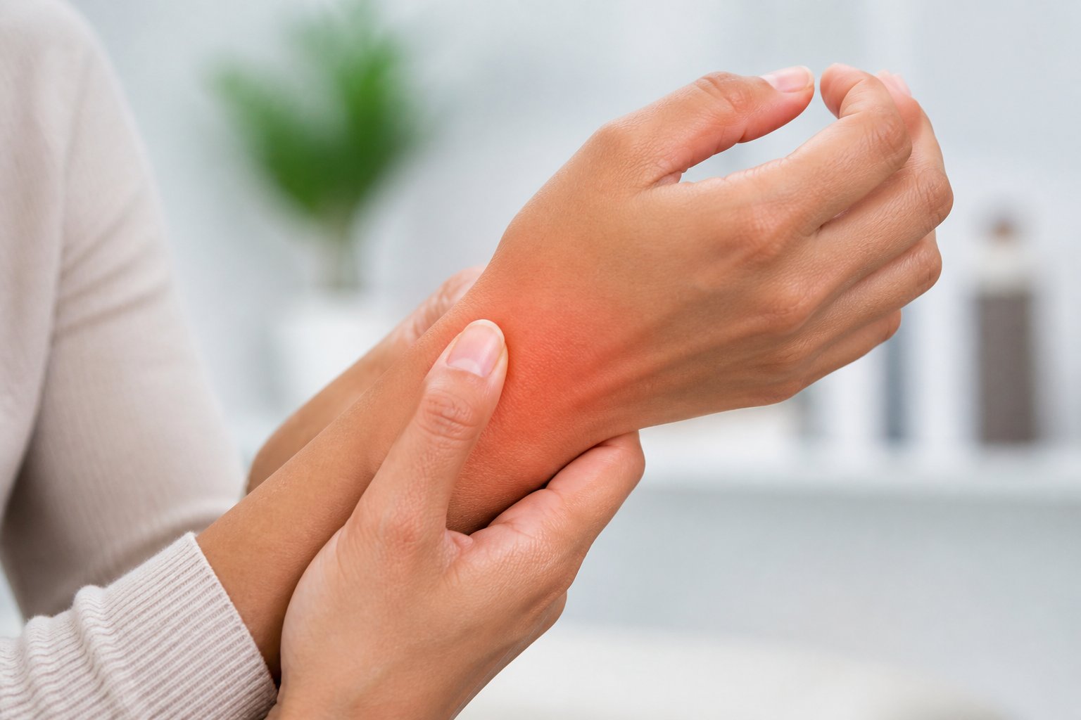 Close-up of a person holding their wrist as if experiencing pain, with a neutral background.